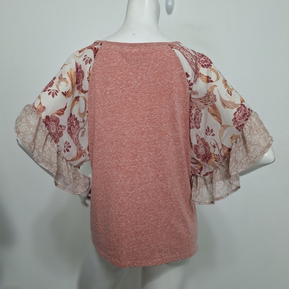 Tru Self Coquette Peach Cream Floral Ruffle Sleeves Twist Front Blouse Size XL - Picture 6 of 14